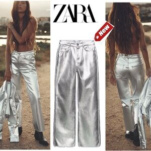 Zara metallic silver liquid foil straight cut high rise denim jeans Sz 0 NWT